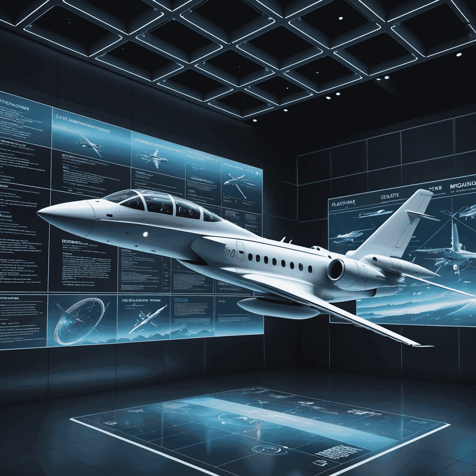 A futuristic aircraft flying through a holographic news display, showcasing breaking aviation headlines