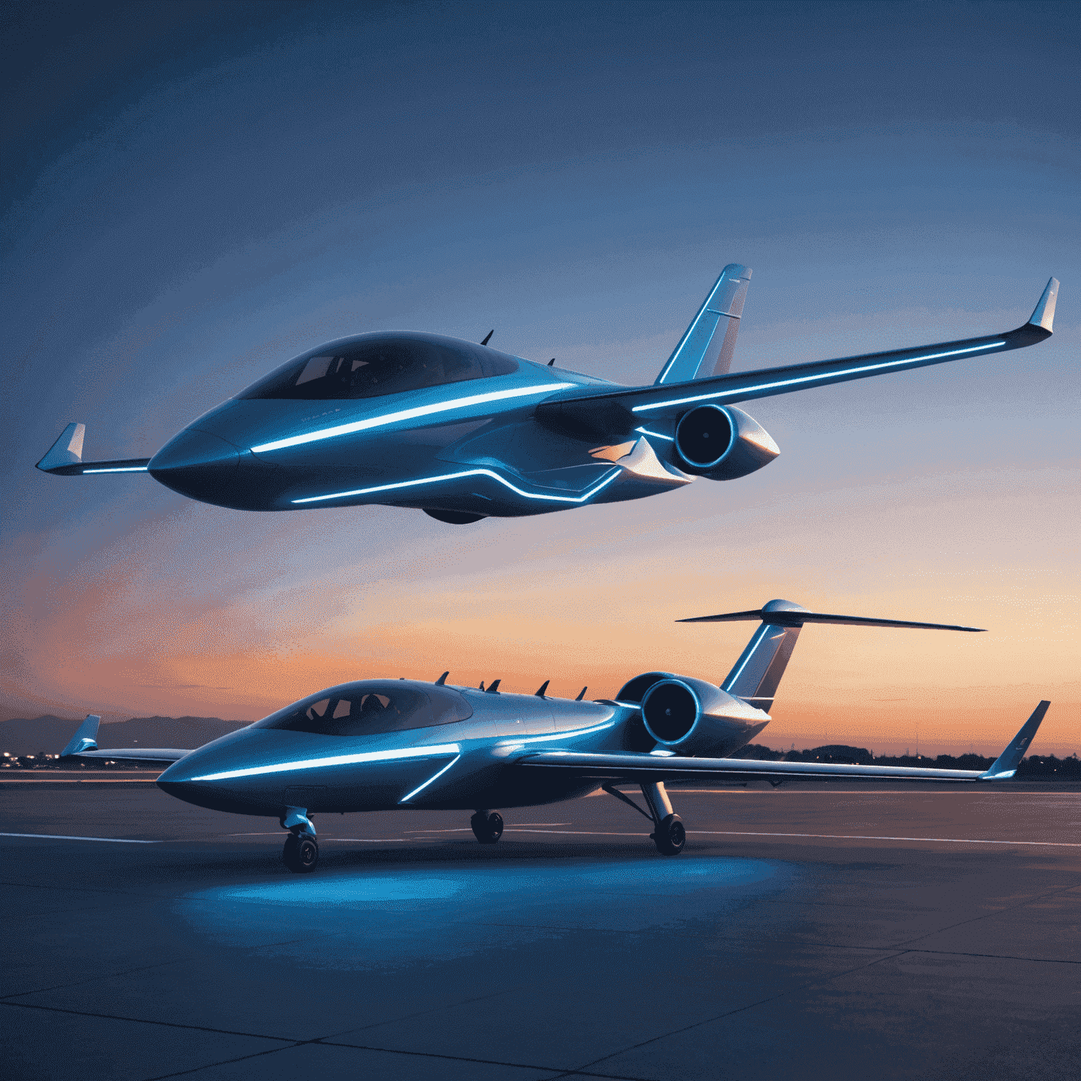 A sleek, futuristic electric aircraft with glowing blue accents hovering above a neon-lit runway at dusk