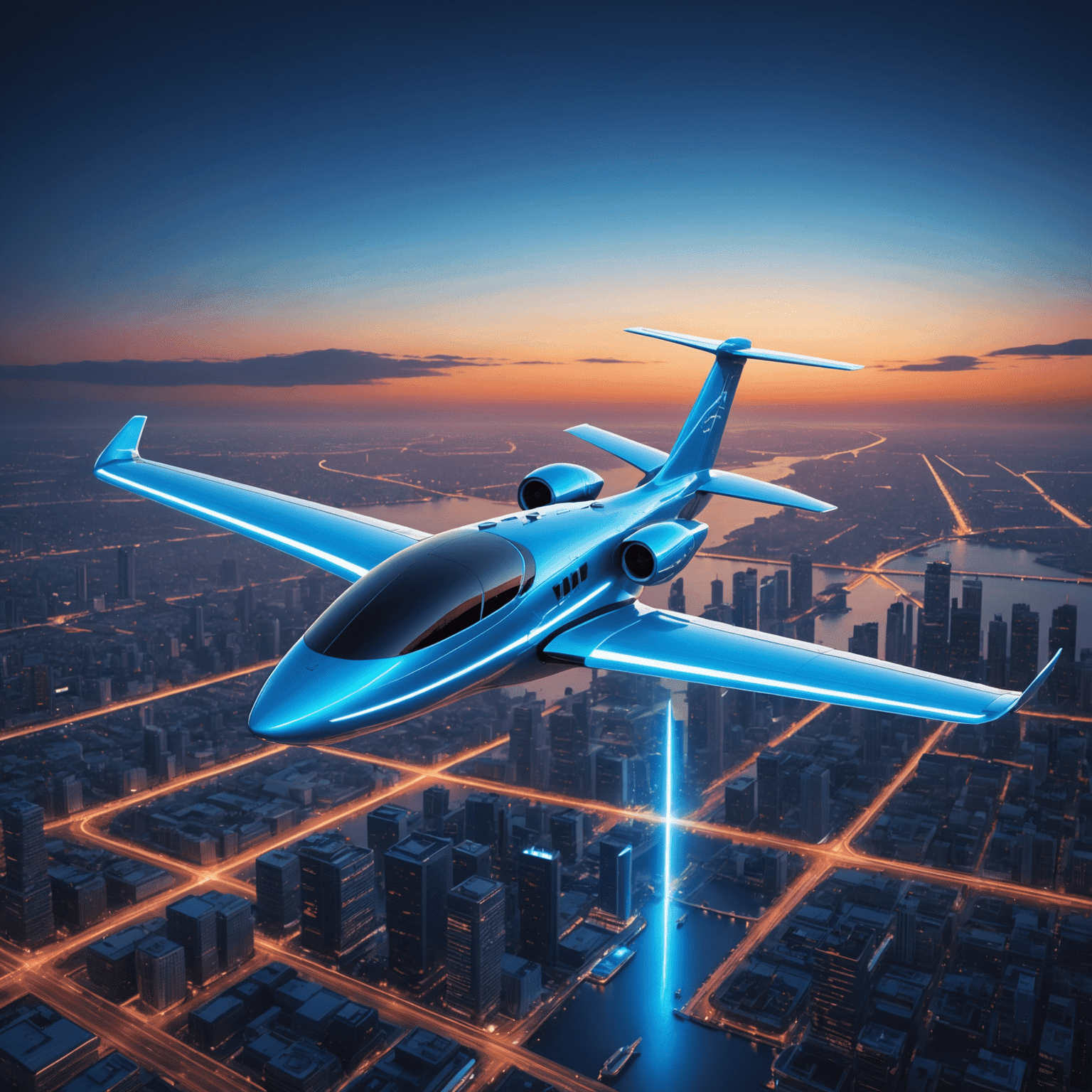 Futuristic electric airplane with sleek design and glowing blue accents flying through a neon-lit sky