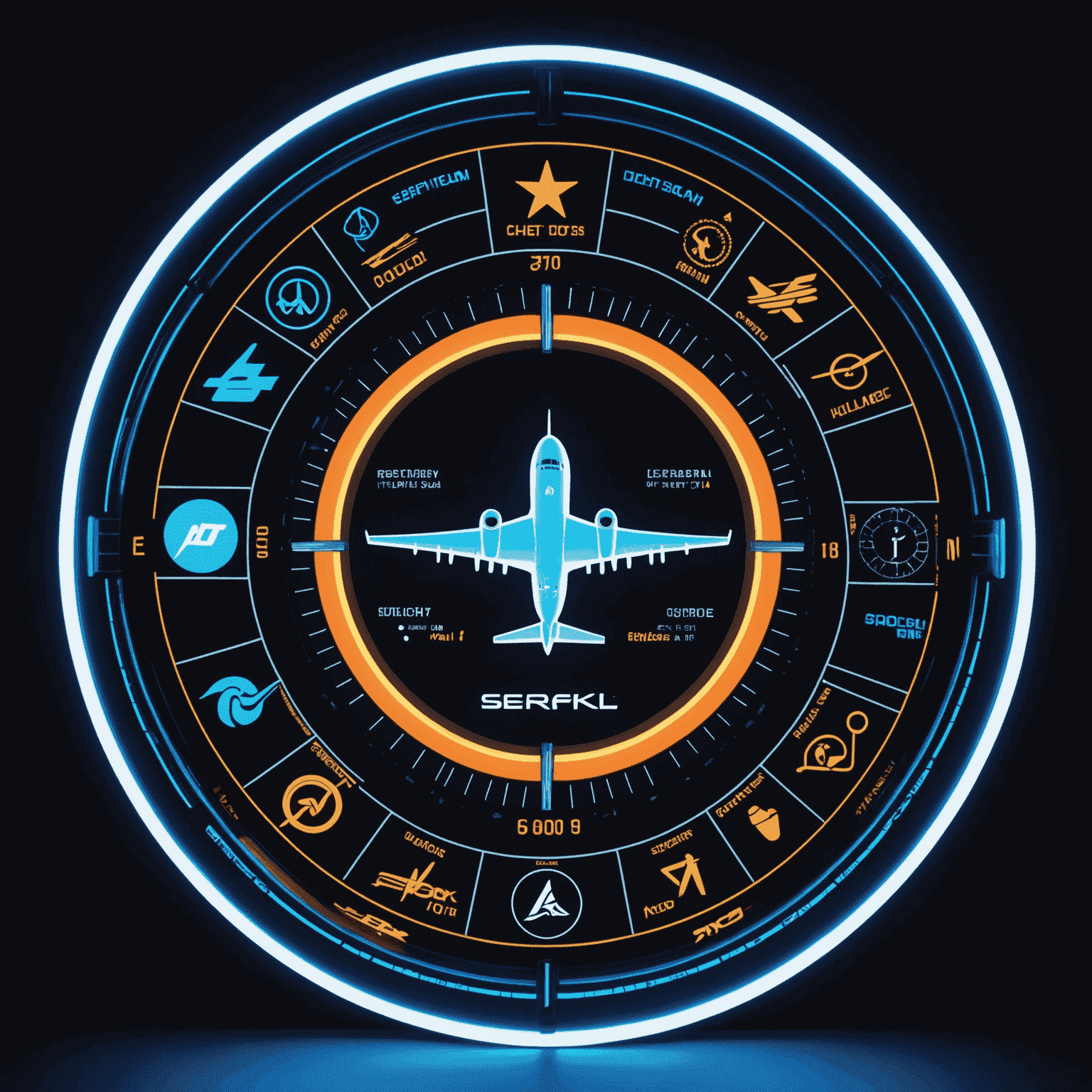 A holographic display showing various airline logos and performance metrics, with neon accents highlighting key features