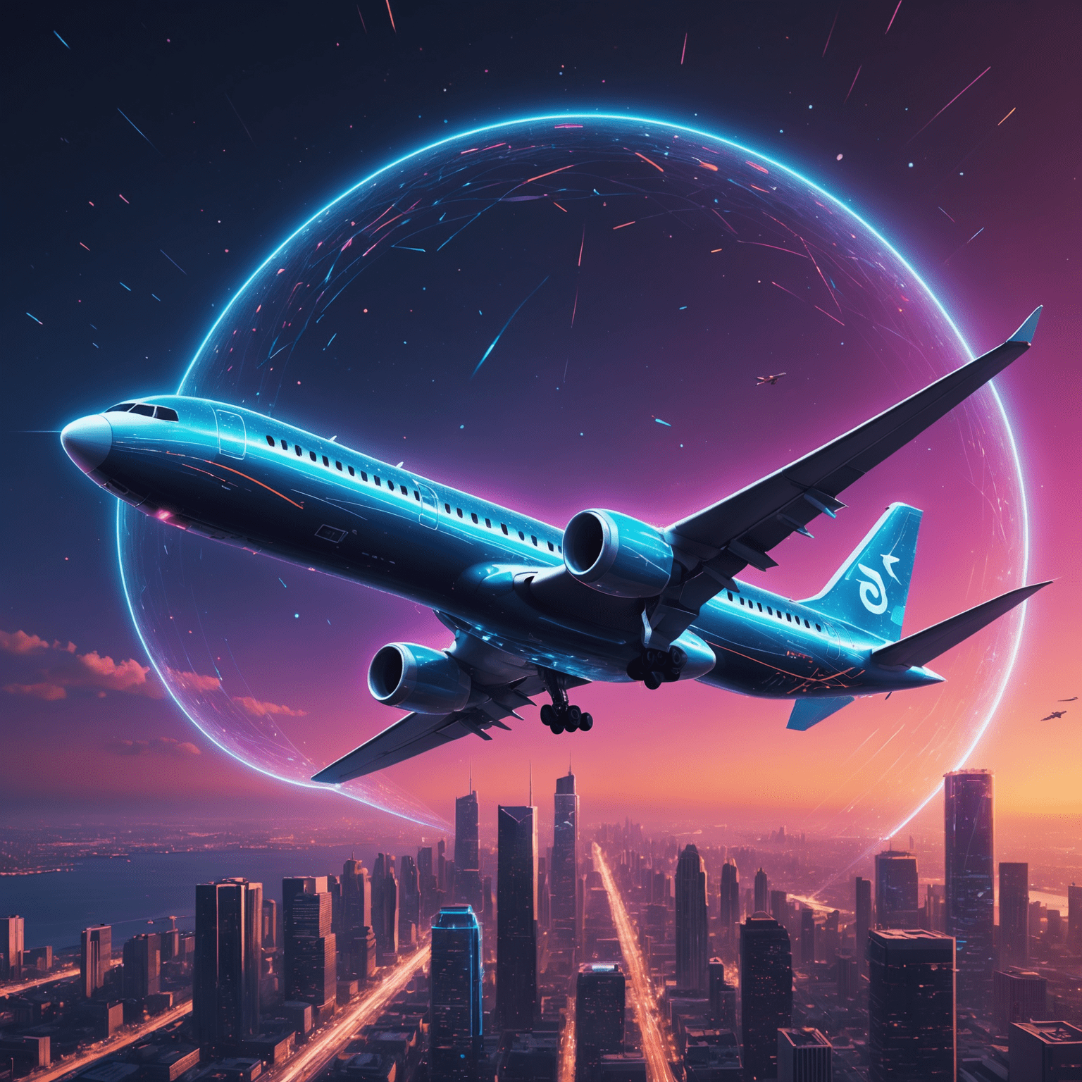 Futuristic airplane flying through a neon-lit sky, leaving a trail of holographic particles