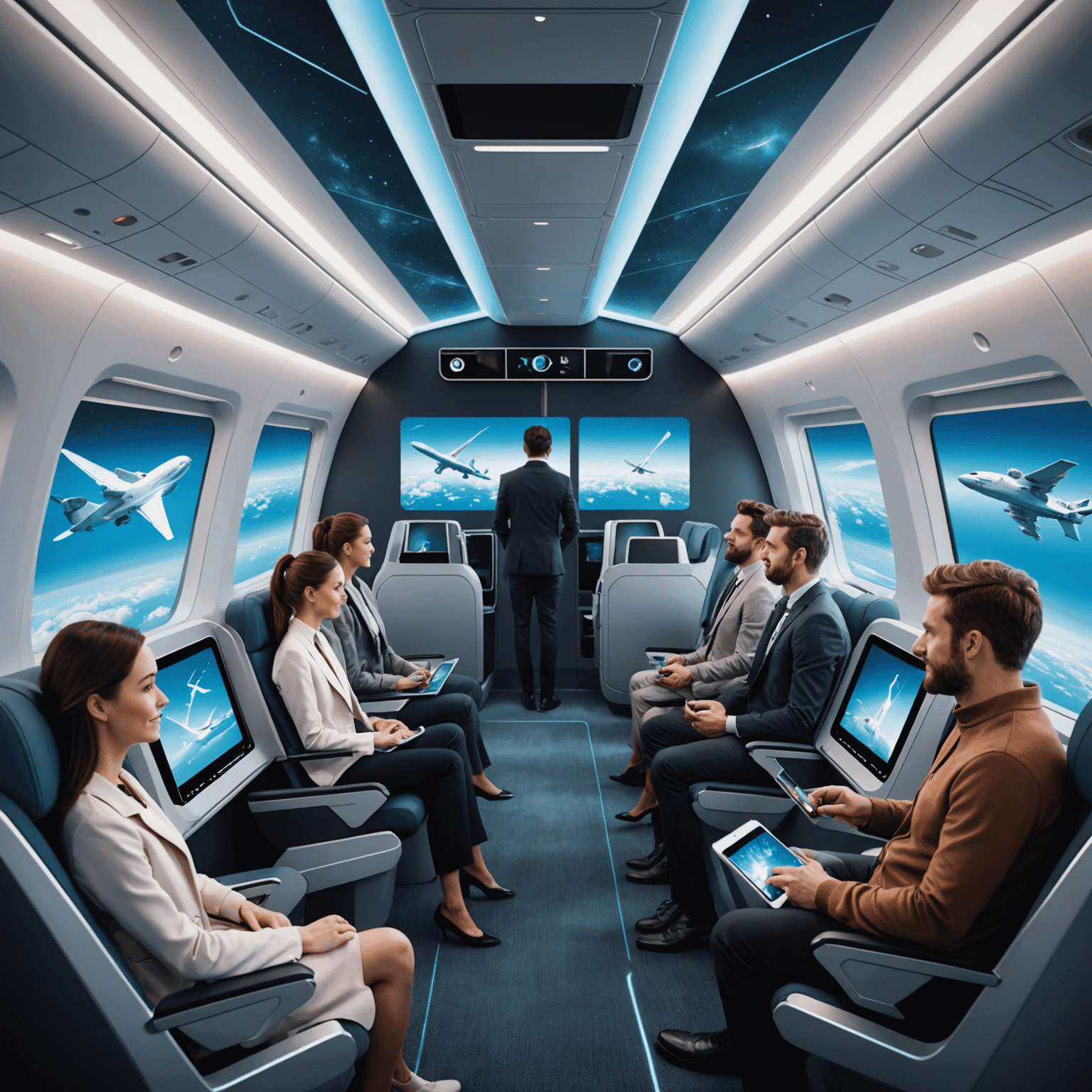 Futuristic airplane cabin with passengers enjoying various forms of entertainment on holographic screens