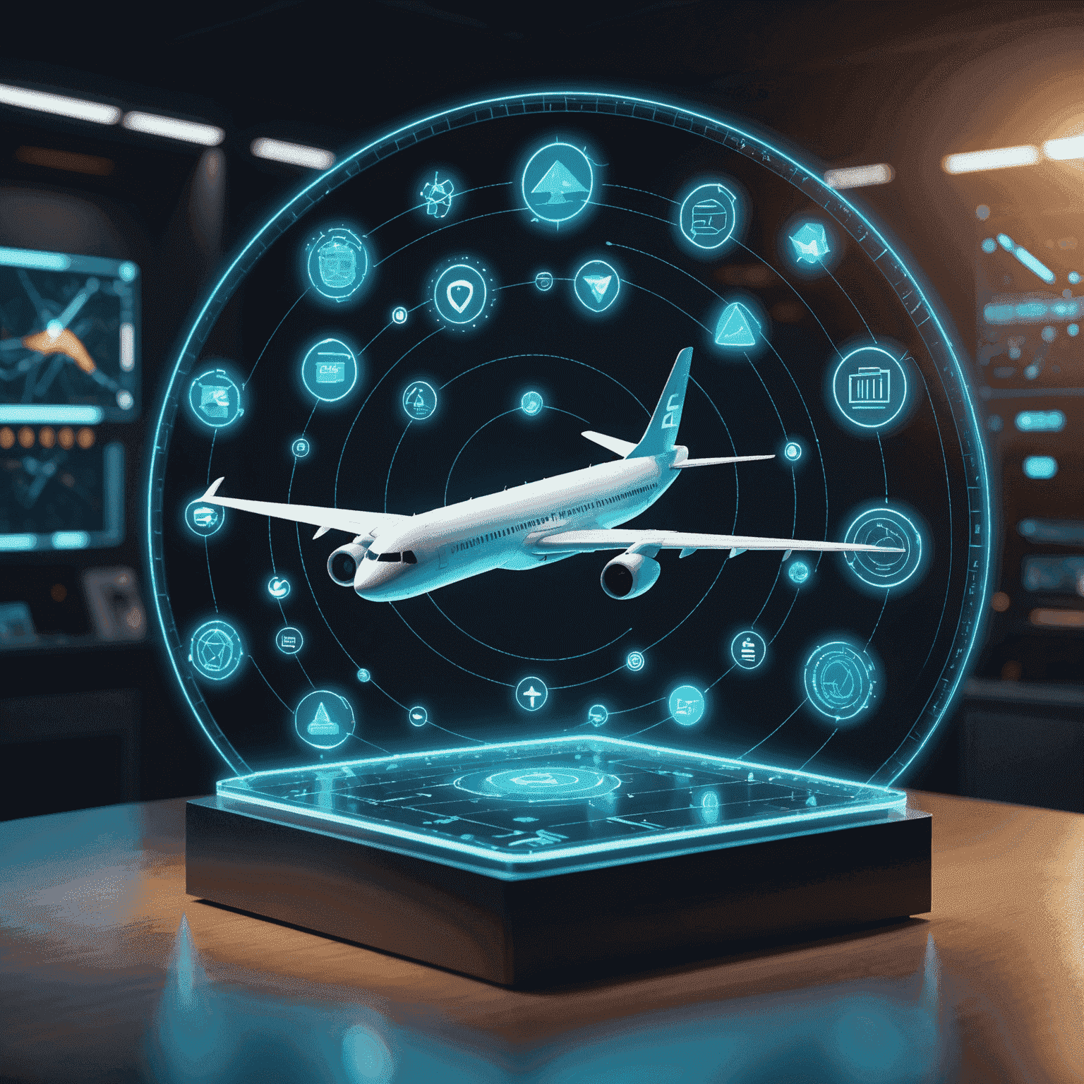 Futuristic holographic display showing a 3D model of an airplane surrounded by glowing reward points and benefit icons, representing the AviaAll Rewards program