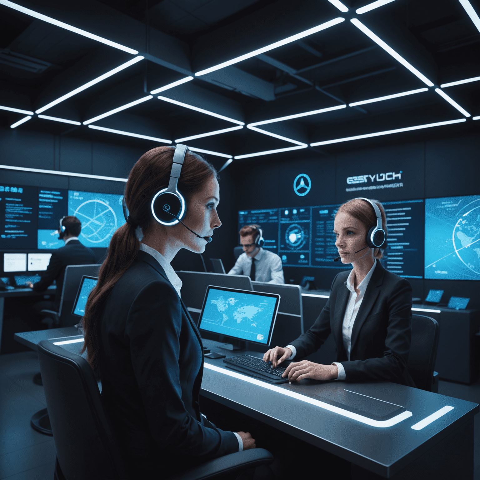 A futuristic customer support center with holographic screens displaying flight information and support agents wearing high-tech headsets, assisting customers in a sleek, neon-lit environment