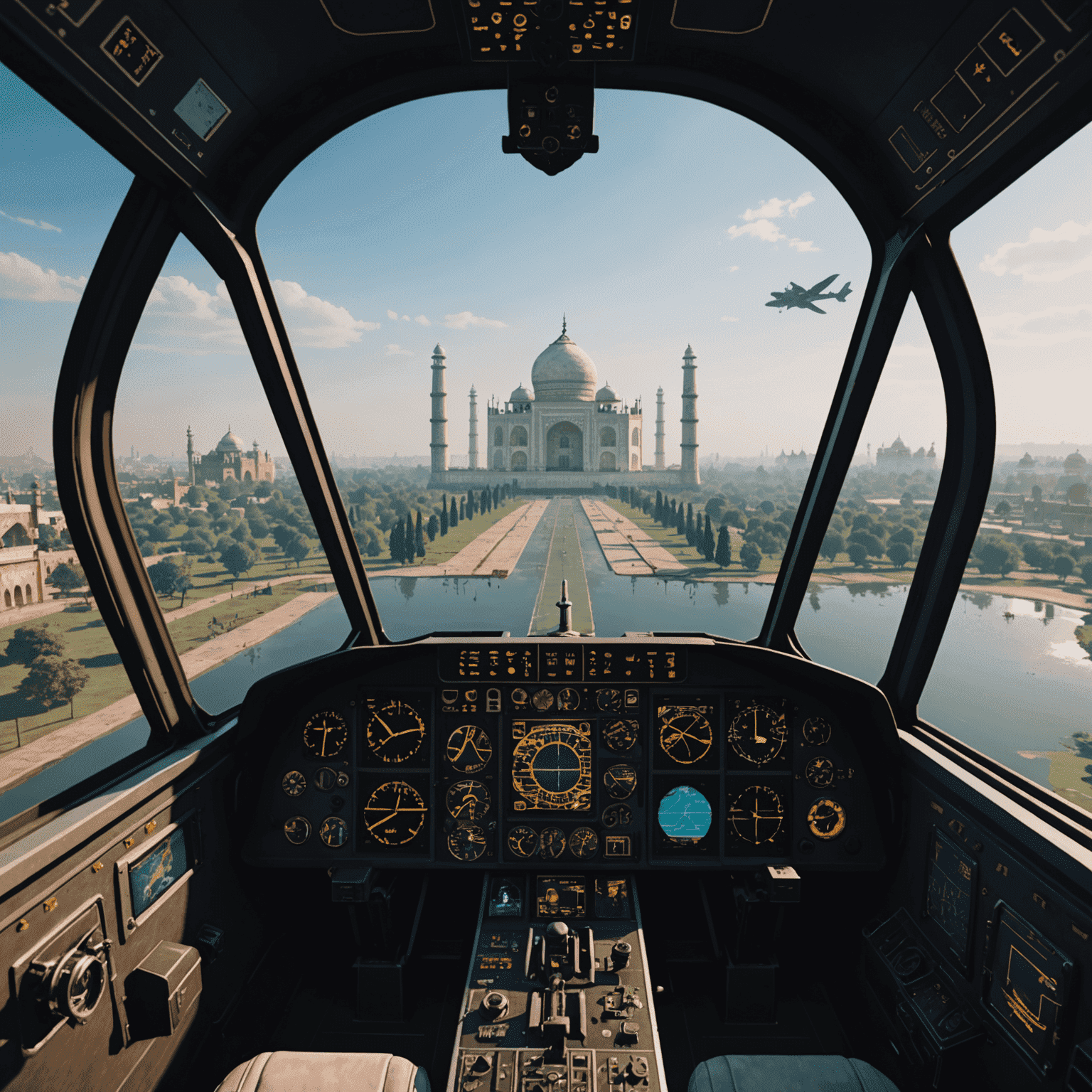 Screenshot of Avia Fly Game showing a cockpit view with holographic displays and a stunning view of the Taj Mahal from the air