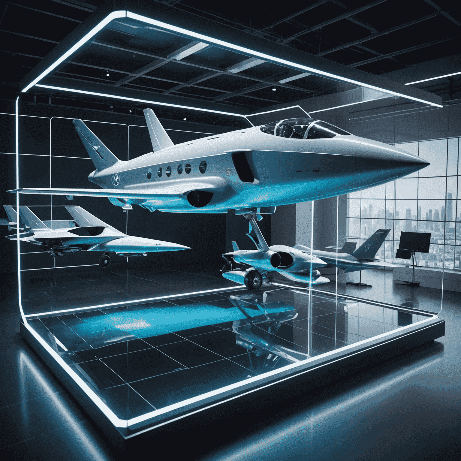 A holographic display showcasing futuristic aircraft designs and electric plane prototypes