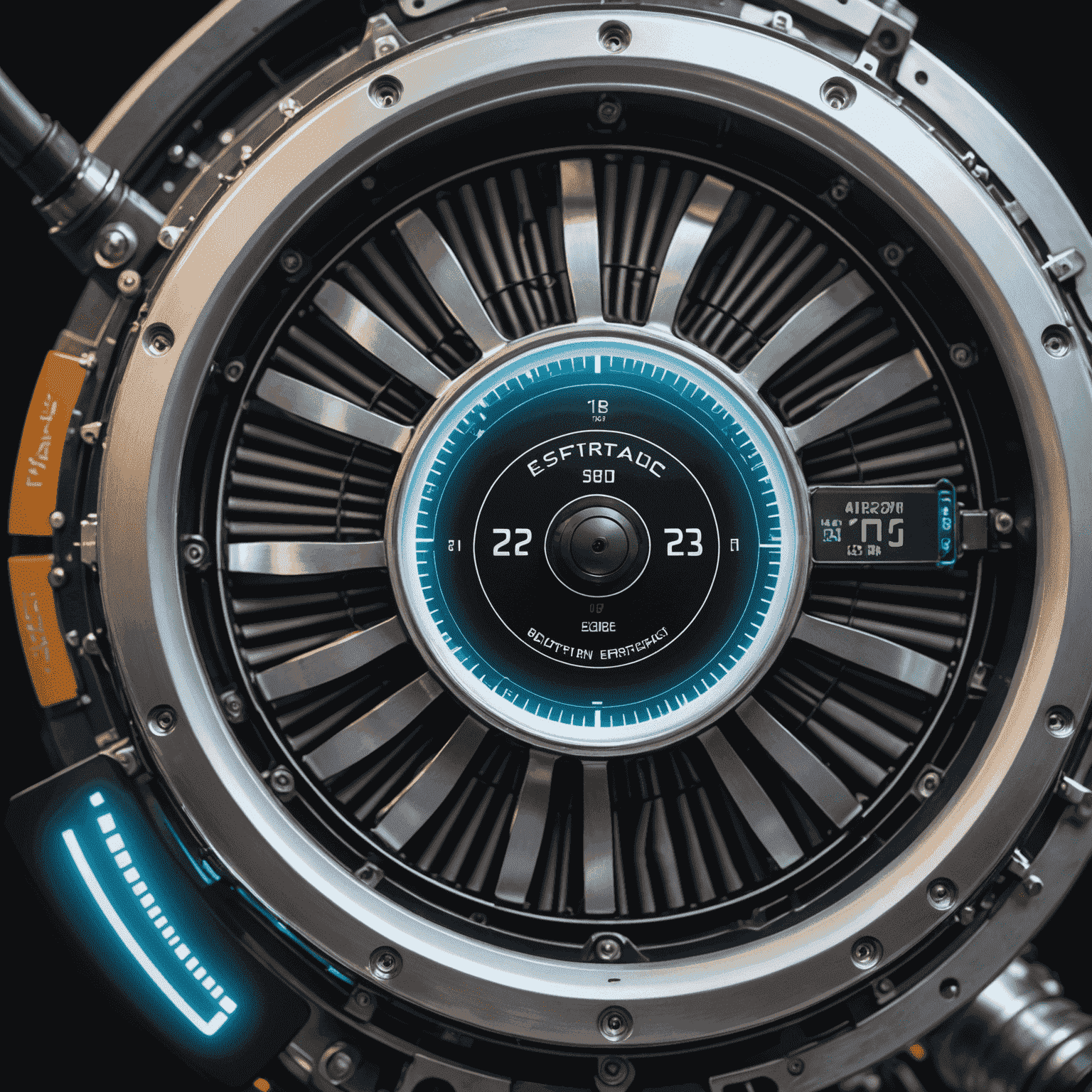 Close-up of an electric aircraft engine with holographic display showing energy efficiency stats