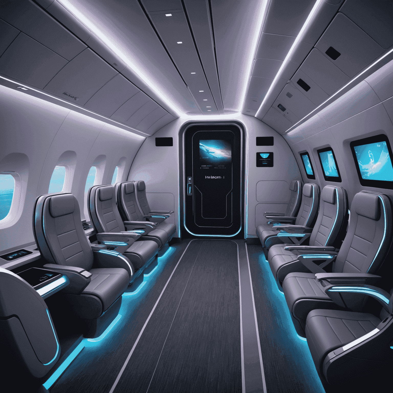 A futuristic airline cabin with holographic displays, neon lighting, and sleek, ergonomic seating