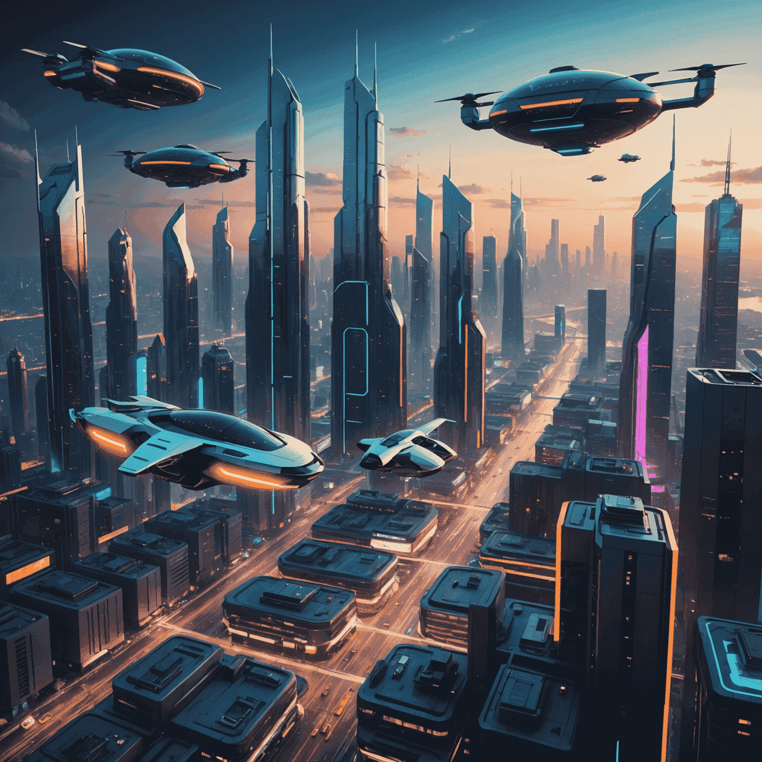 A futuristic cityscape with flying vehicles and neon-lit skyscrapers, showcasing the future of air travel