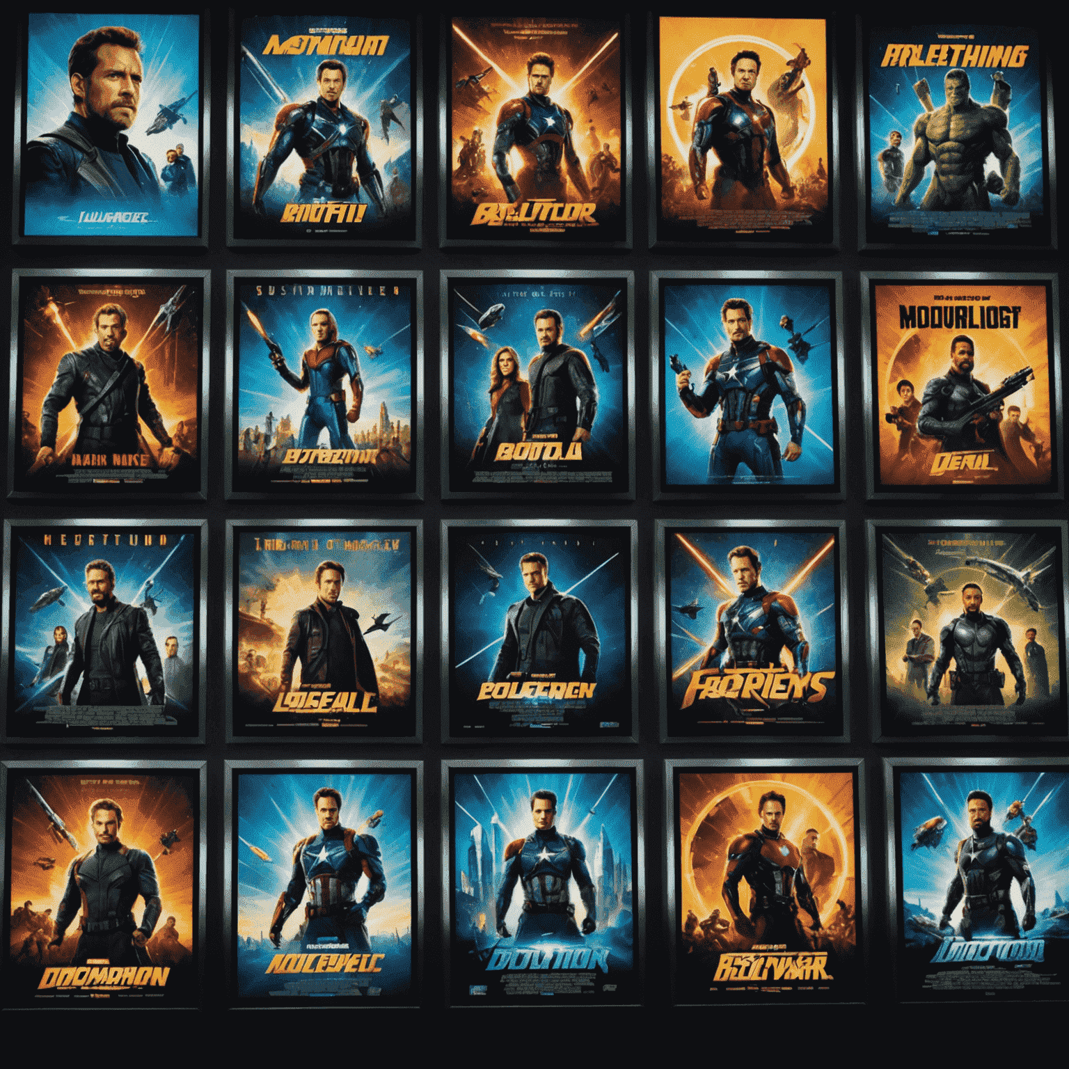 A collection of latest blockbuster movie posters displayed on a holographic screen