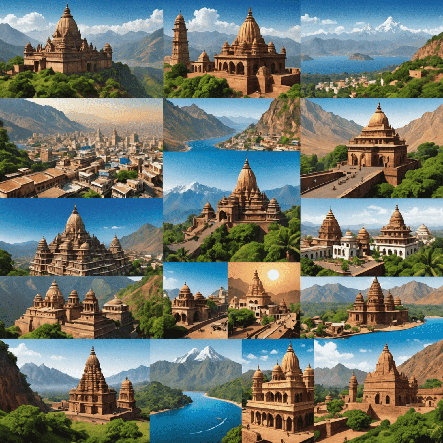 Collage of various Indian landmarks and terrains available in the Avia Fly Game, including the Himalayas, beaches of Goa, and bustling cities like Mumbai