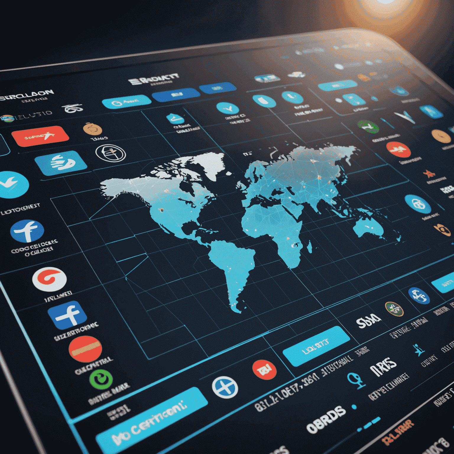 A holographic interface displaying various airline logos and comparison charts