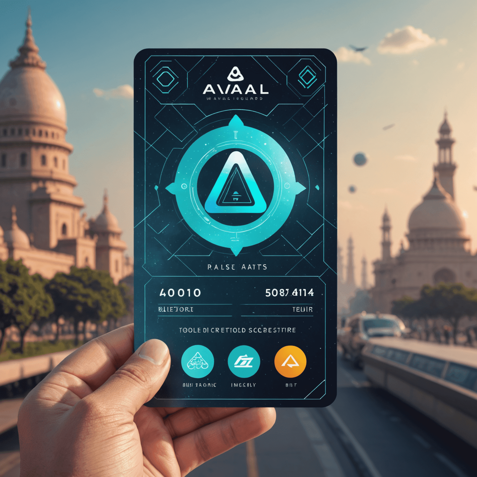 A futuristic loyalty card with holographic effects, showing AviaAll Rewards logo and points system with Indian landmarks in the background