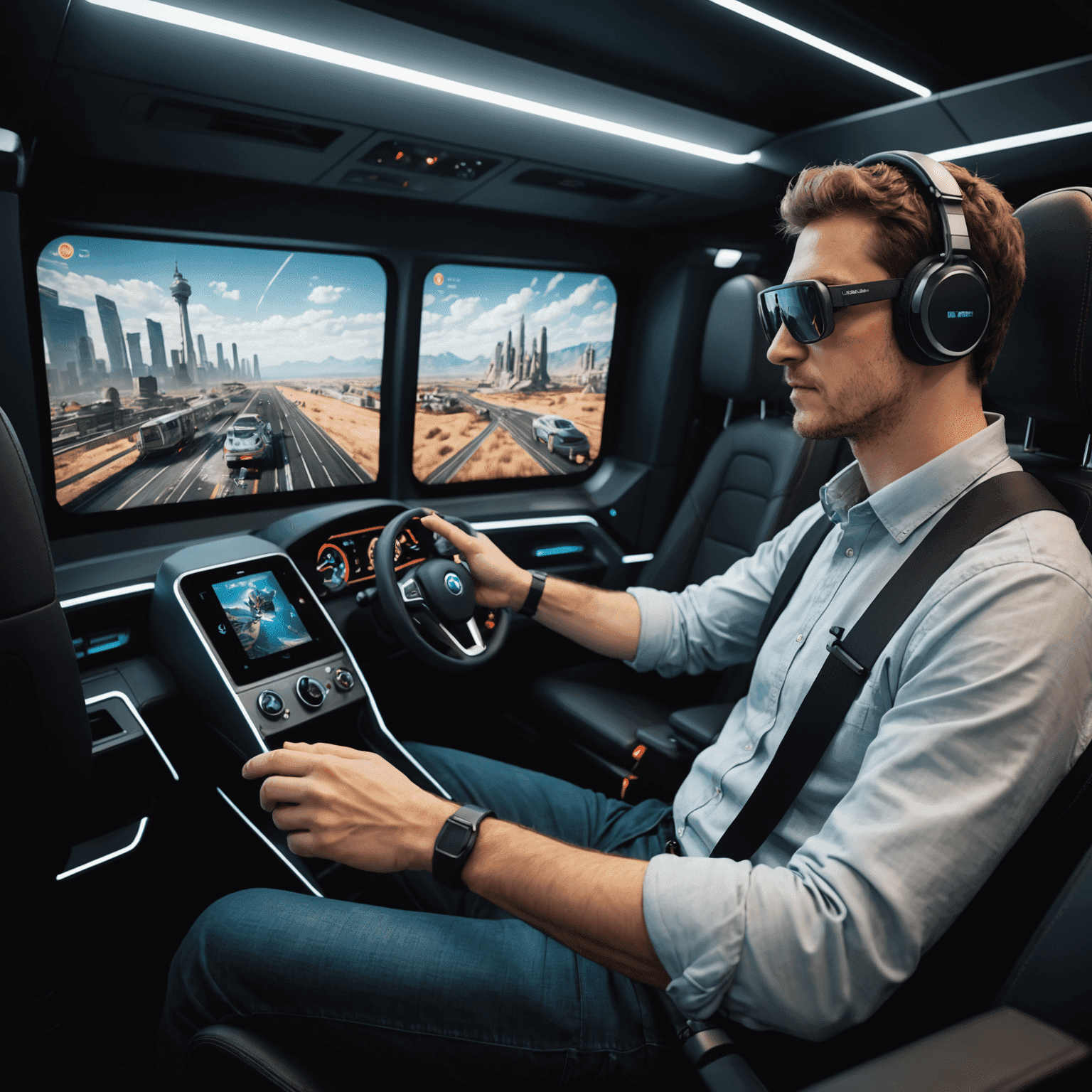 A passenger playing an immersive 3D game using gesture controls in their seat