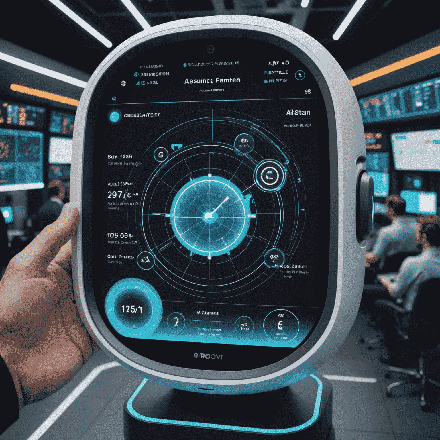 A holographic customer support interface with AI assistants and real-time flight information, showcasing 24/7 availability