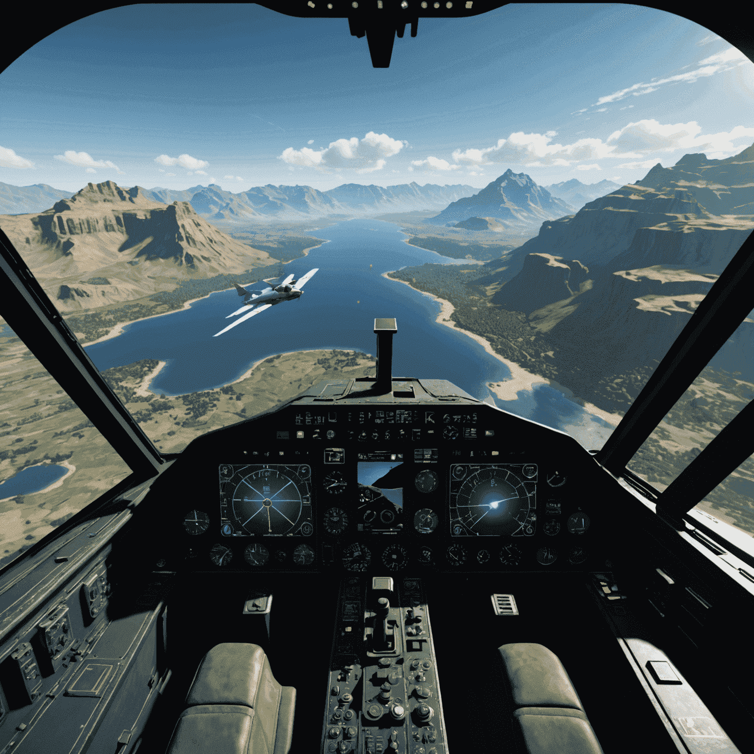 A dynamic screenshot of the Avia Fly Game, showing a cockpit view with holographic controls and a breathtaking view of Indian landscapes